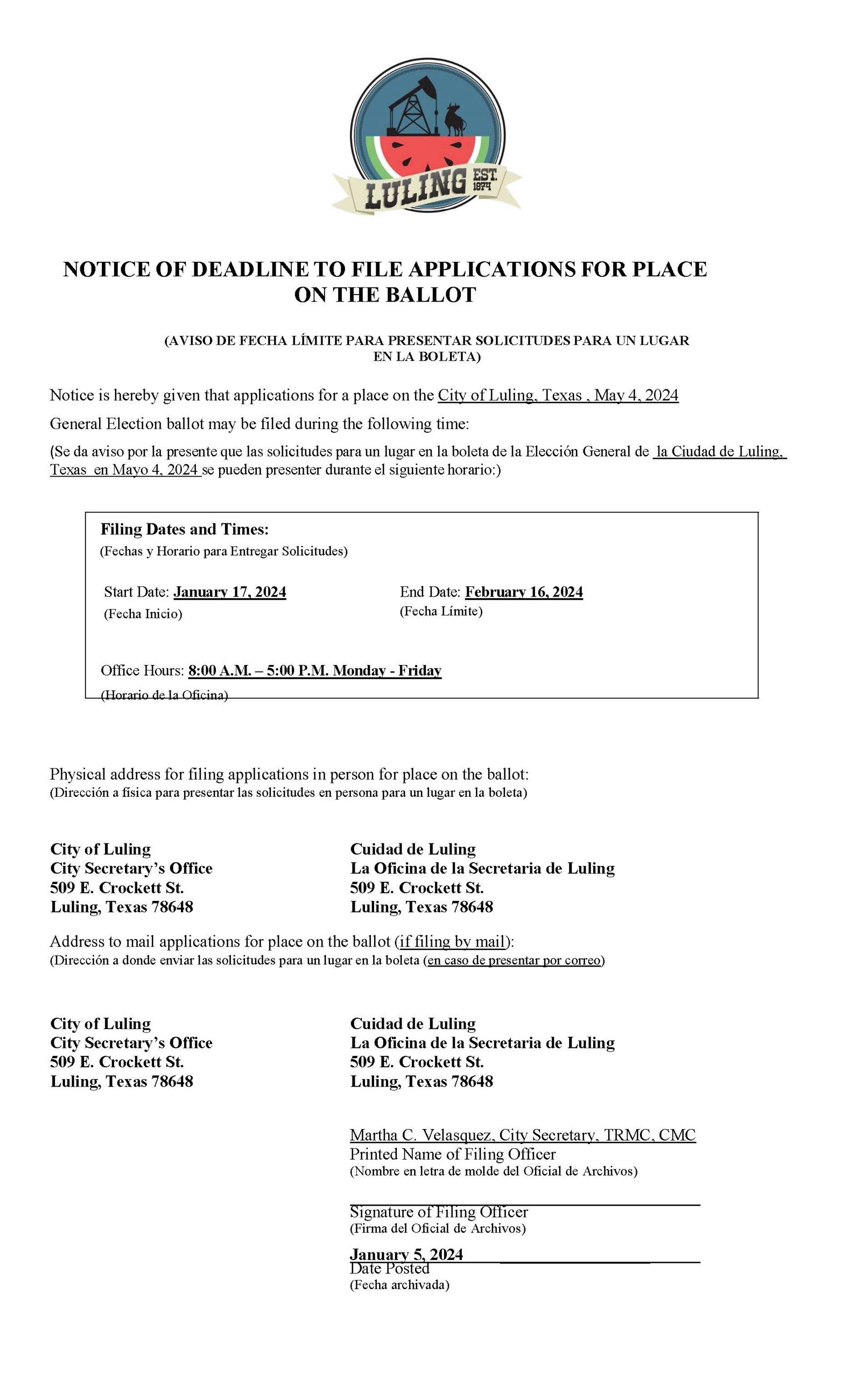 Notice of Deadline to File Application for Place on the Ballot - 2024